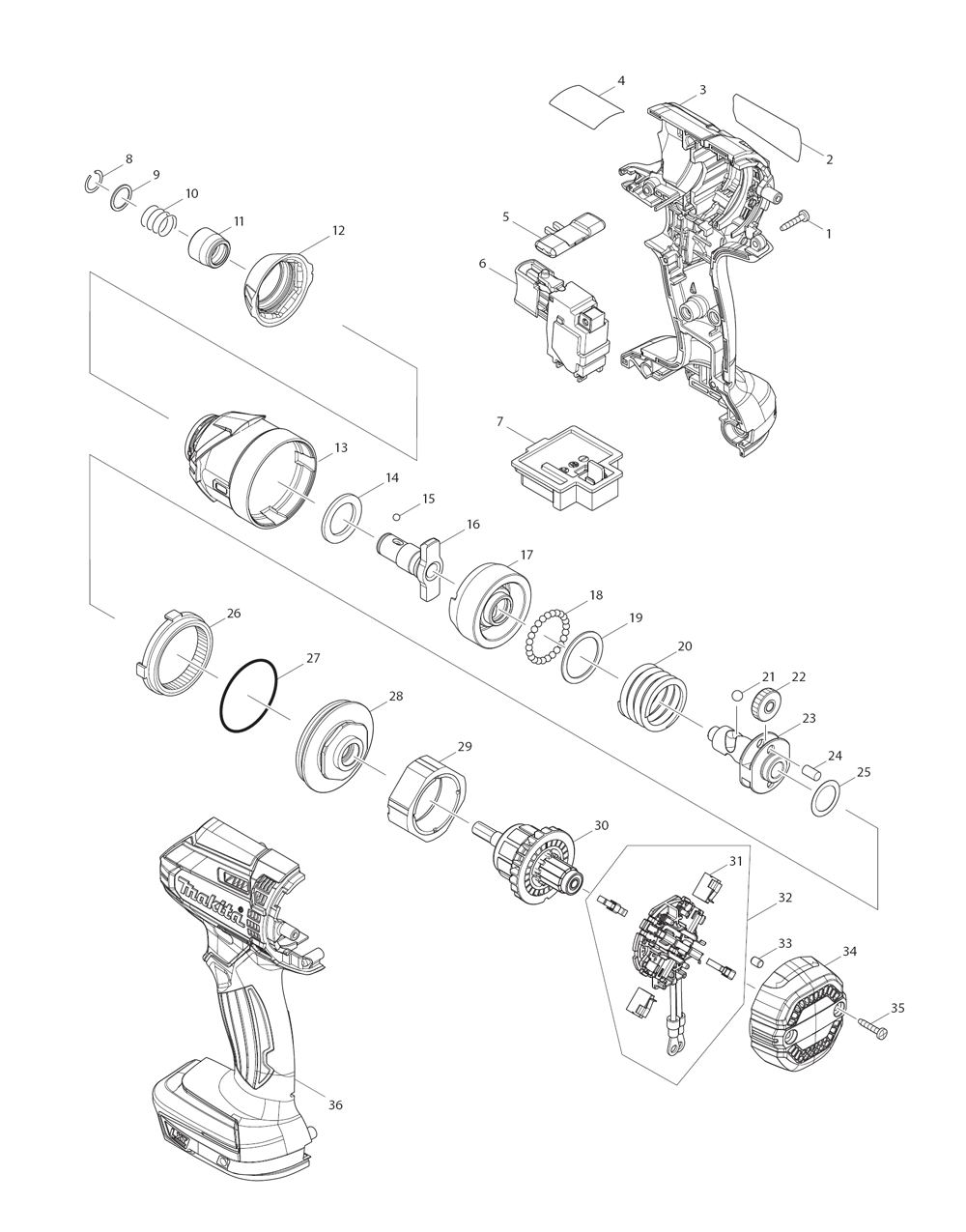 Page 1 Diagram and Parts List for XDT11Z  Makita Drill