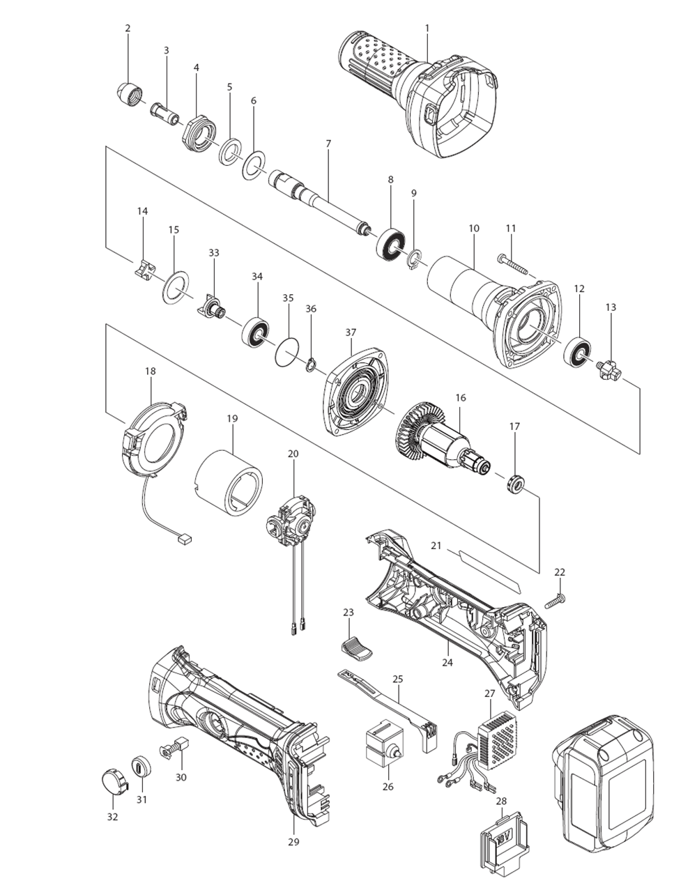 Page 1 Diagram and Parts List for XDG01T  Makita Grinder