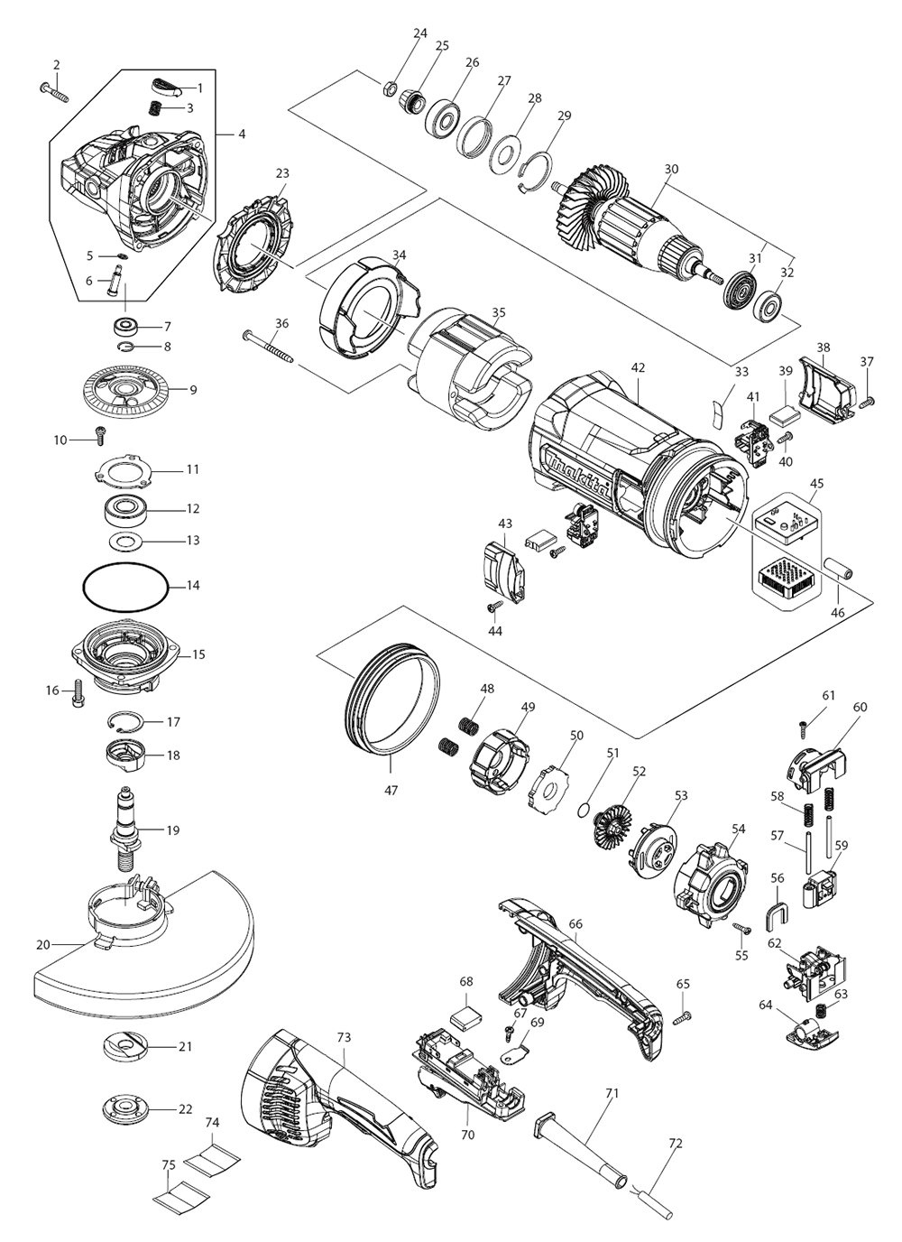 Fig-0 Diagram and Parts List for GA9070  Makita Angle Grinder