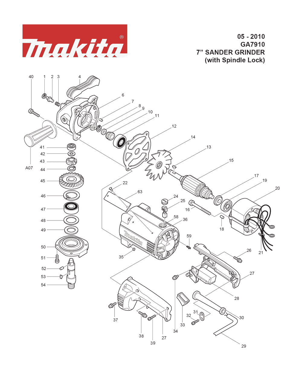 Page 1 Diagram and Parts List for GA7910 Type 1 Makita Sander