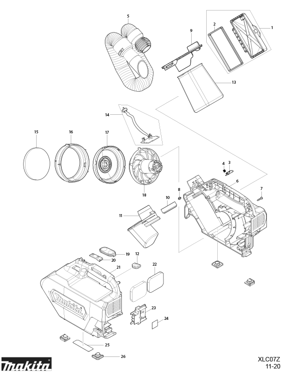 Diagram Diagram and Parts List for XLC07SY1  Makita Canister Vacuum