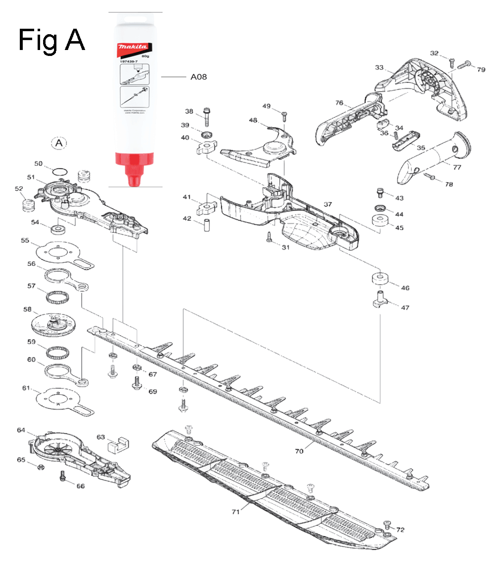 Fig-1 Diagram and Parts List for GHU04Z  Makita Hedge Trimmer