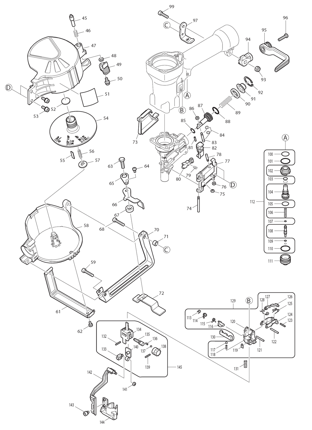 Page 1 Diagram and Parts List for AN450H Type 1 Makita Nailer