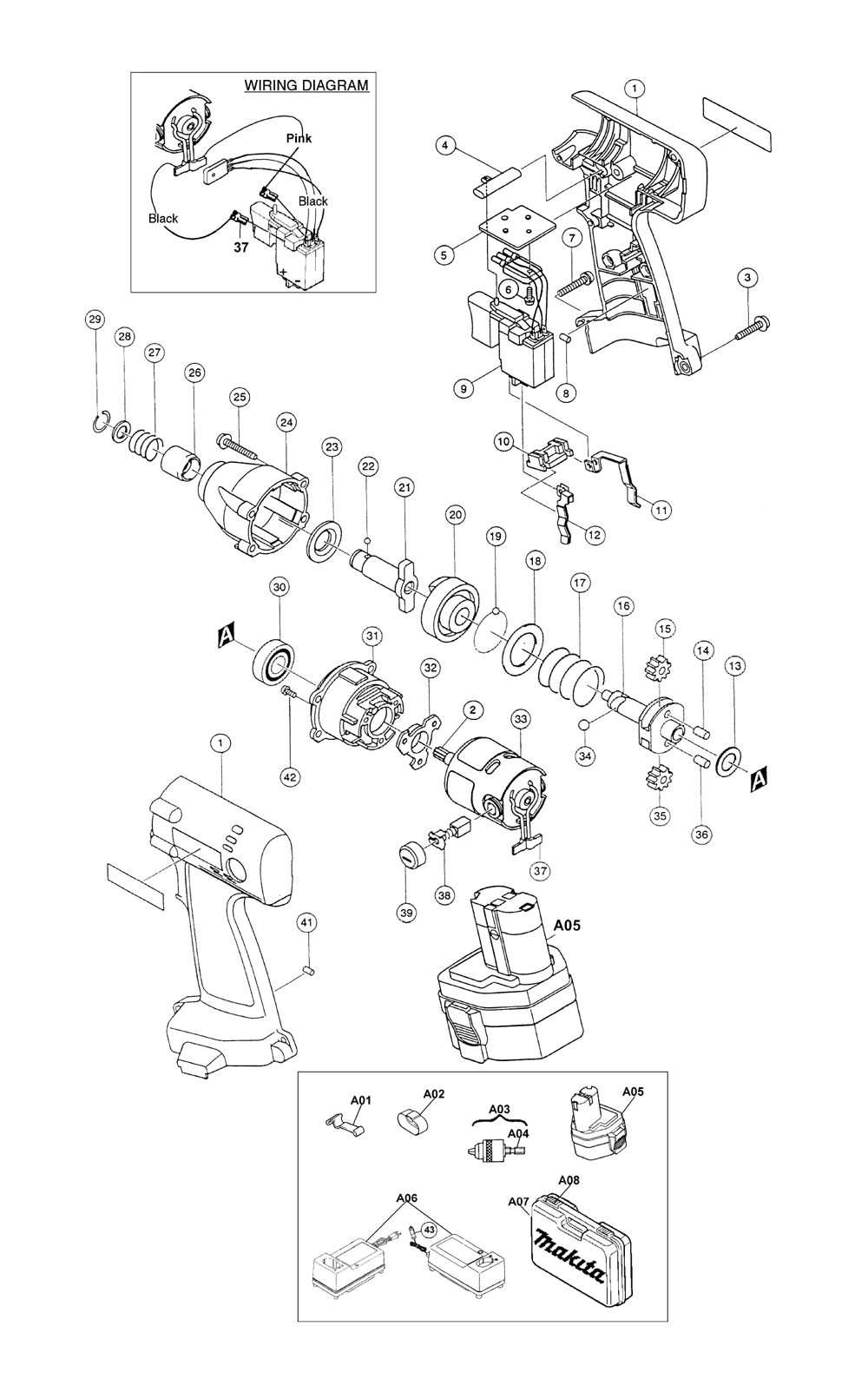 Page 1 Diagram and Parts List for 6914DWA  Makita Drill