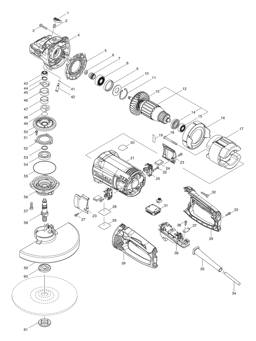 Fig-0 Diagram and Parts List for GA9063R  Makita Angle Grinder