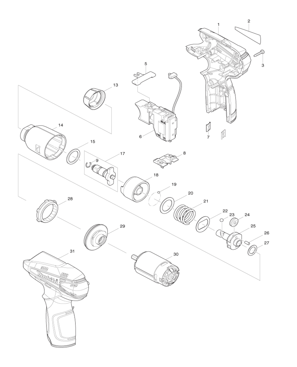 Page 1 Diagram and Parts List for WT01ZW  Makita Drill