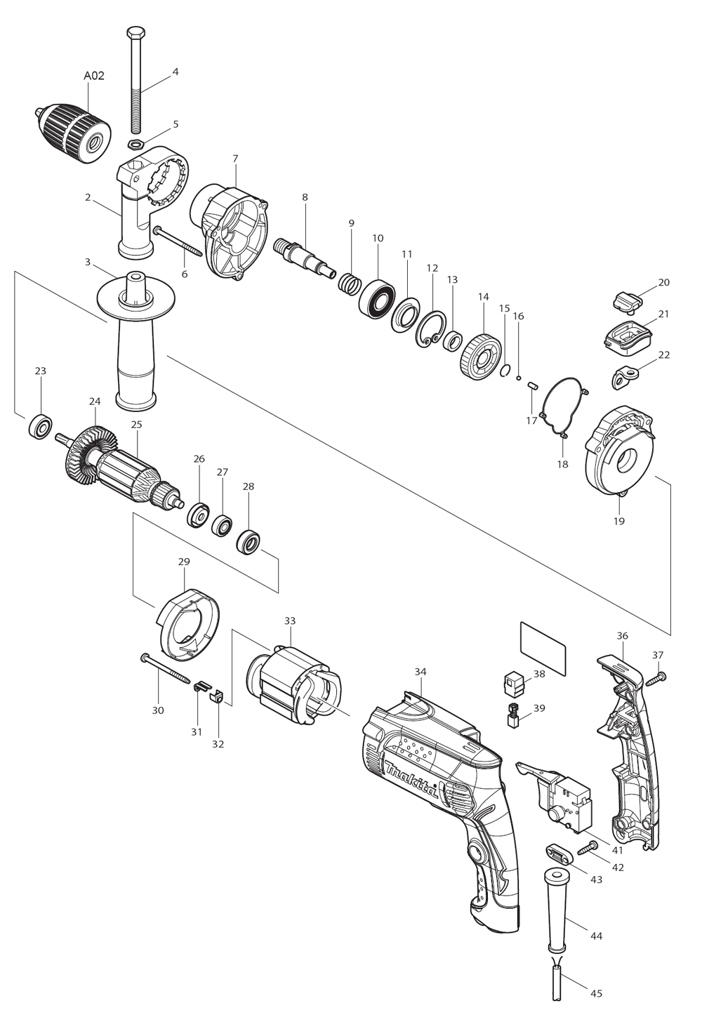 Page 1 Diagram and Parts List for HP1631 Type 2 Makita Drill