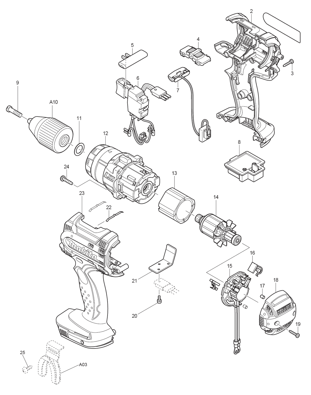 Page 1 Diagram and Parts List for BDF454F Type 3 Makita Drill