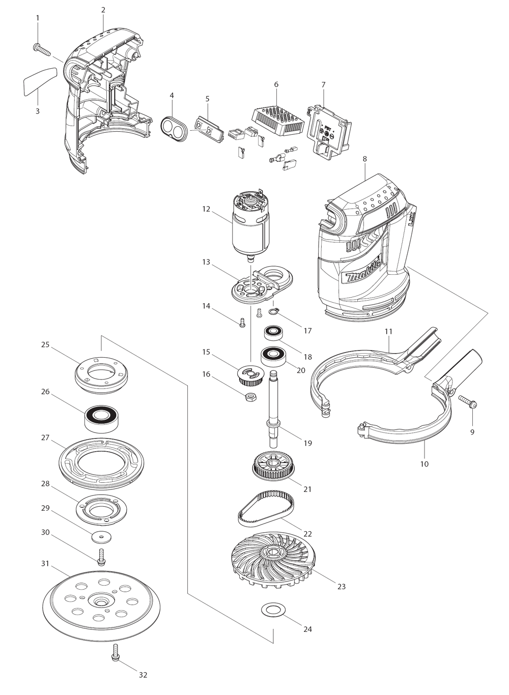 Page 1 Diagram and Parts List for XOB01Z  Makita Sander