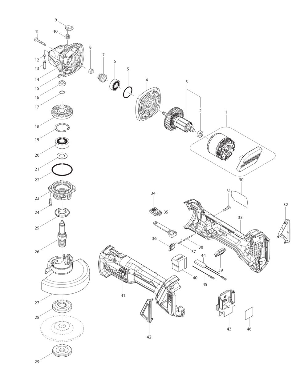 Page 1 Diagram and Parts List for XAG03MB  Makita Grinder