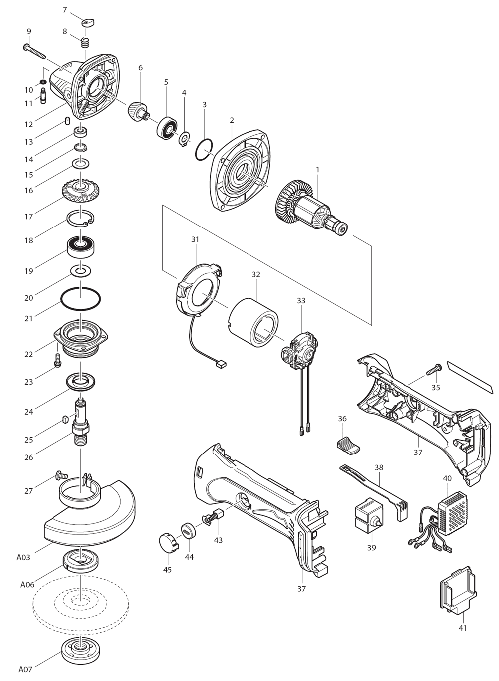 Page 1 Diagram and Parts List for BGA452F Type 1 Makita Grinder