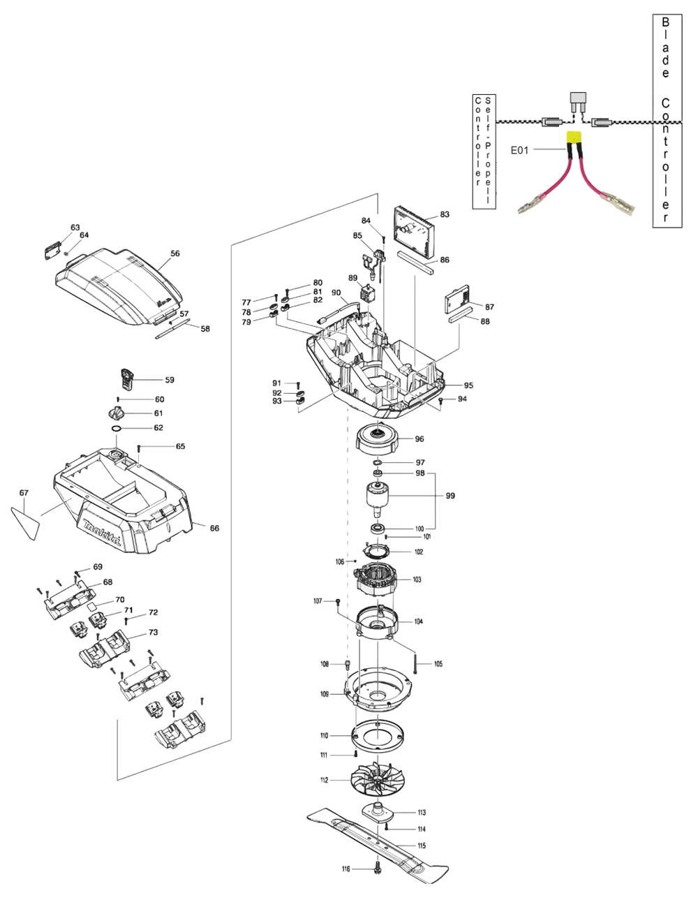 Fig-1 Diagram and Parts List for XML08PT1  Makita Lawn Mower