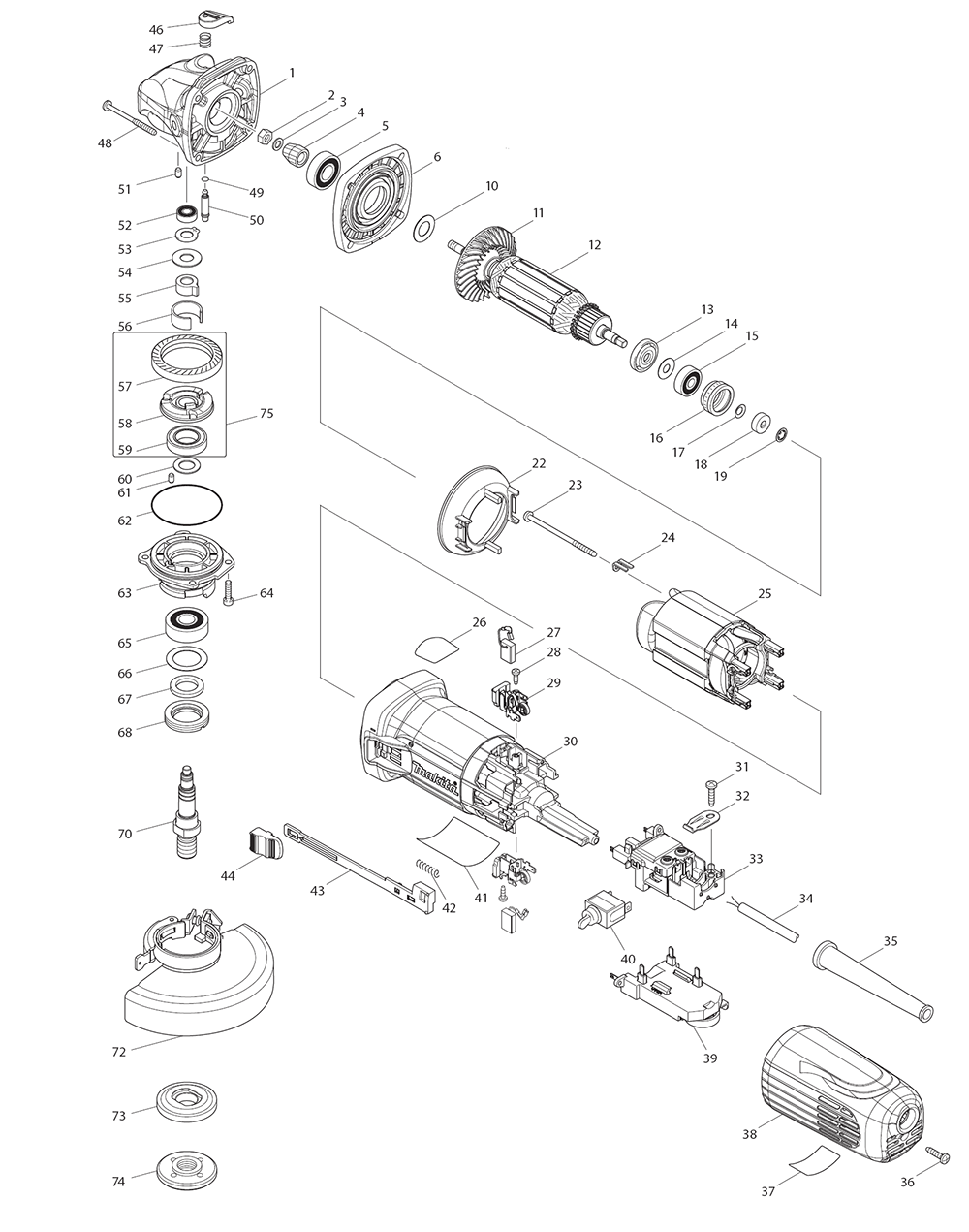 Page 1 Diagram and Parts List for GA5042CX1  Makita Grinder