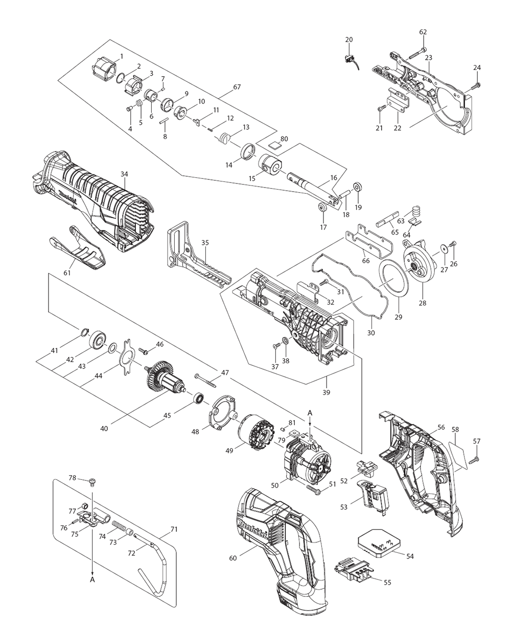 Page 1 Diagram and Parts List for XRJ05Z  Makita Saw