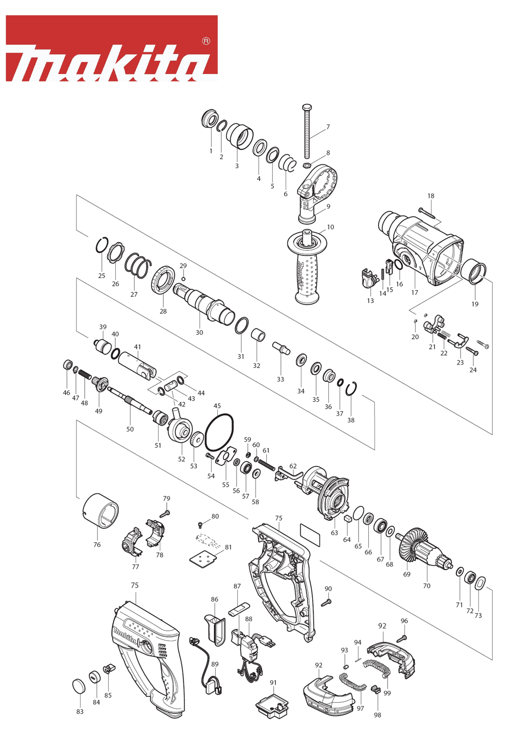 Page 1 Diagram and Parts List for BHR202F Type 3 Makita Hammer