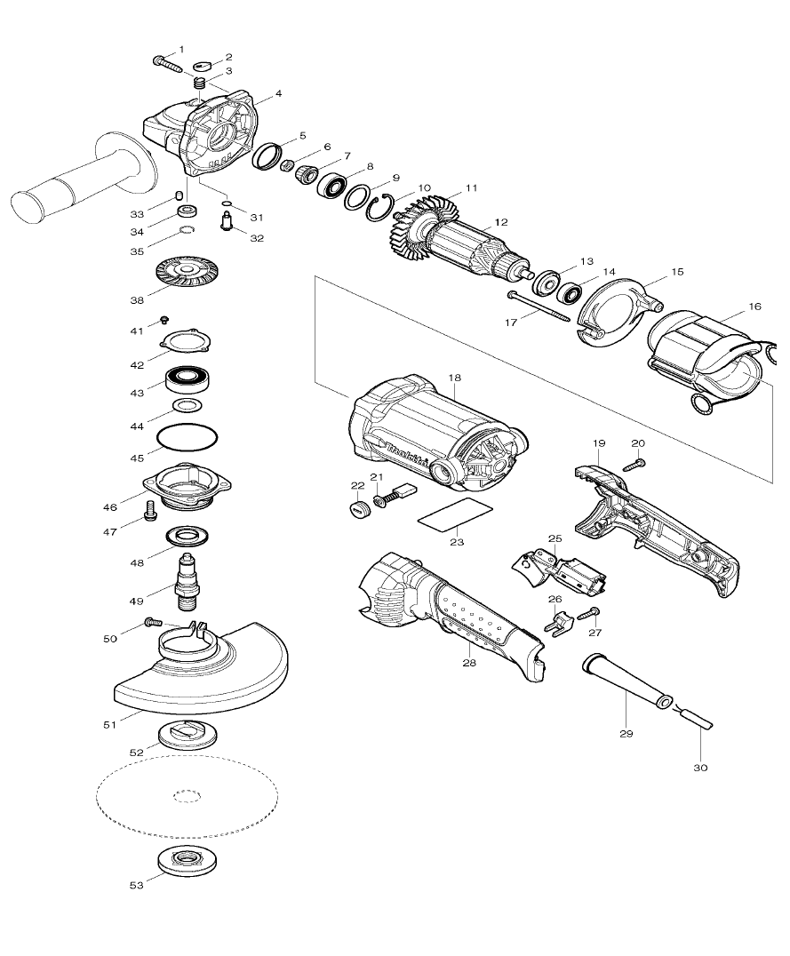 Page 1 Diagram and Parts List for GA6010  Makita Grinder