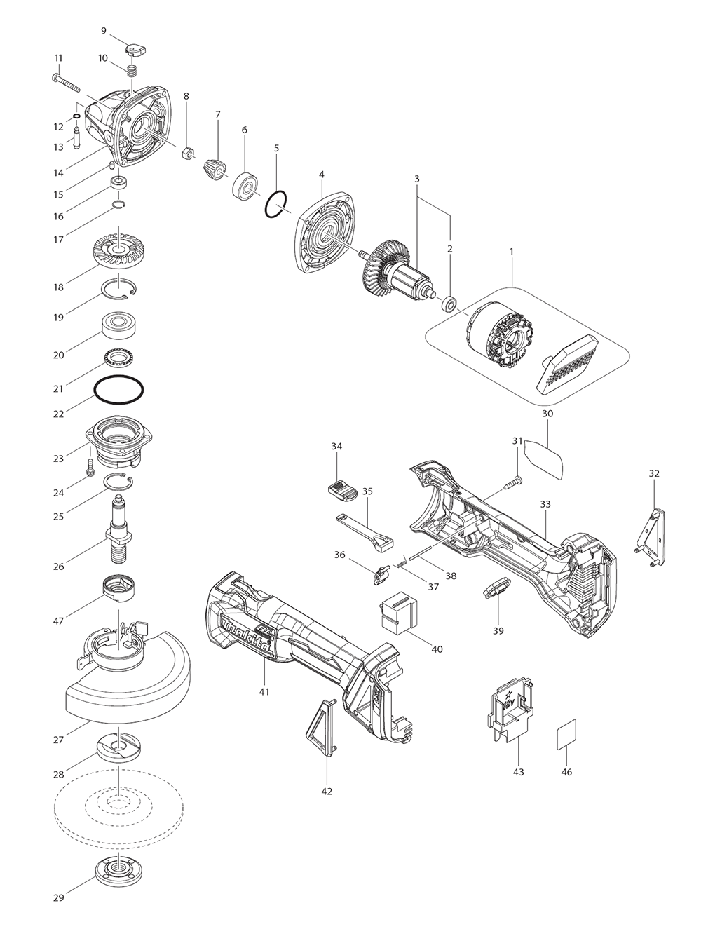 Page 1 Diagram and Parts List for XAG09Z  Makita Grinder