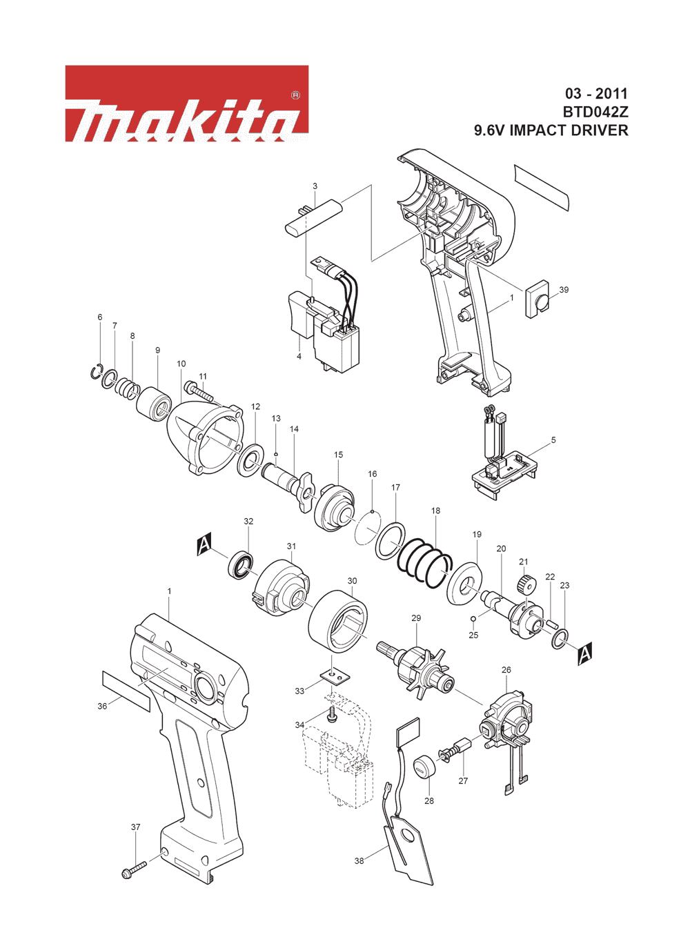 Page 1 Diagram and Parts List for BTD042Z  Makita Drill