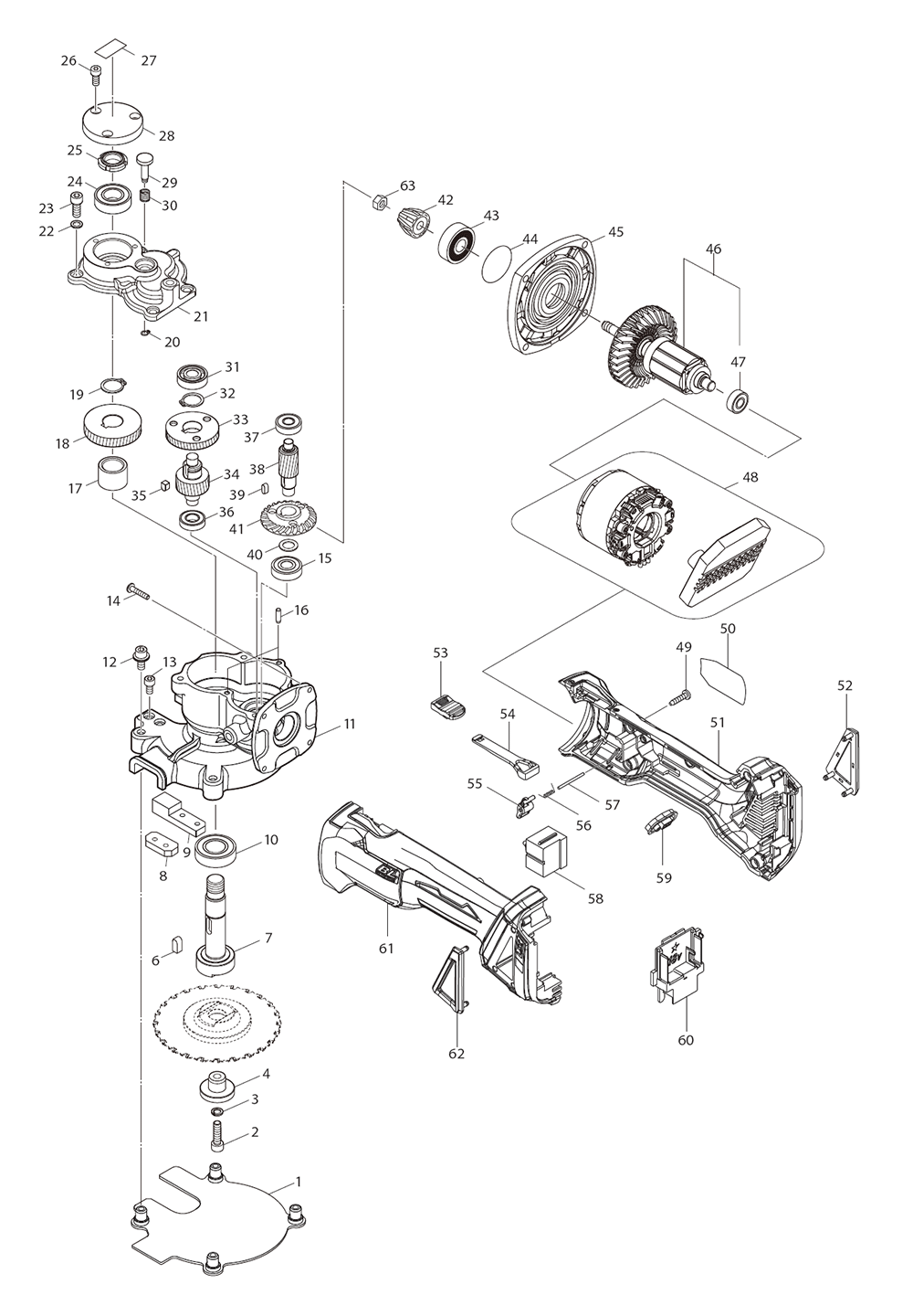 Page 1 Diagram and Parts List for XCS02ZK  Makita Grinder