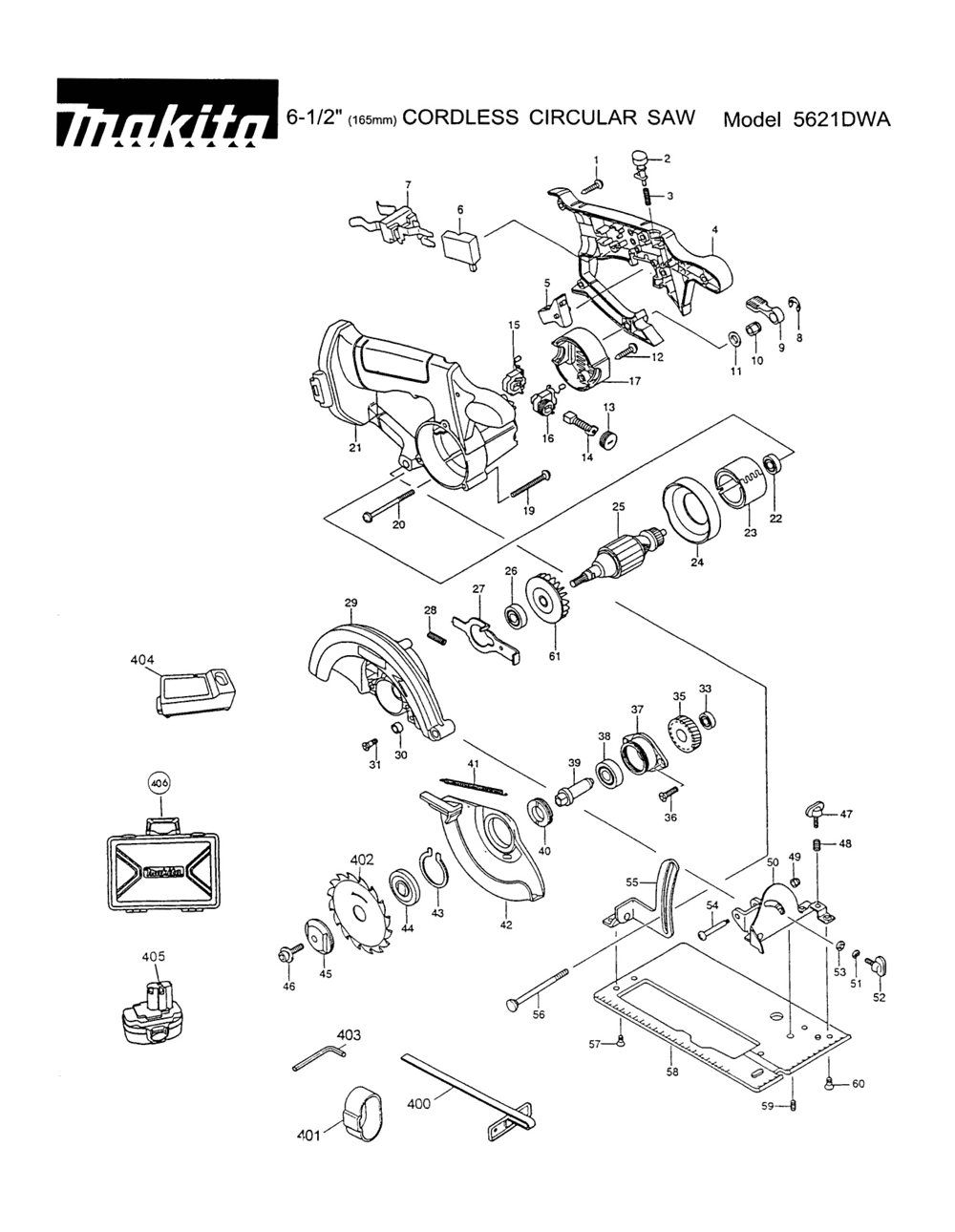 Page 1 Diagram and Parts List for 5621DWA  Makita Saw