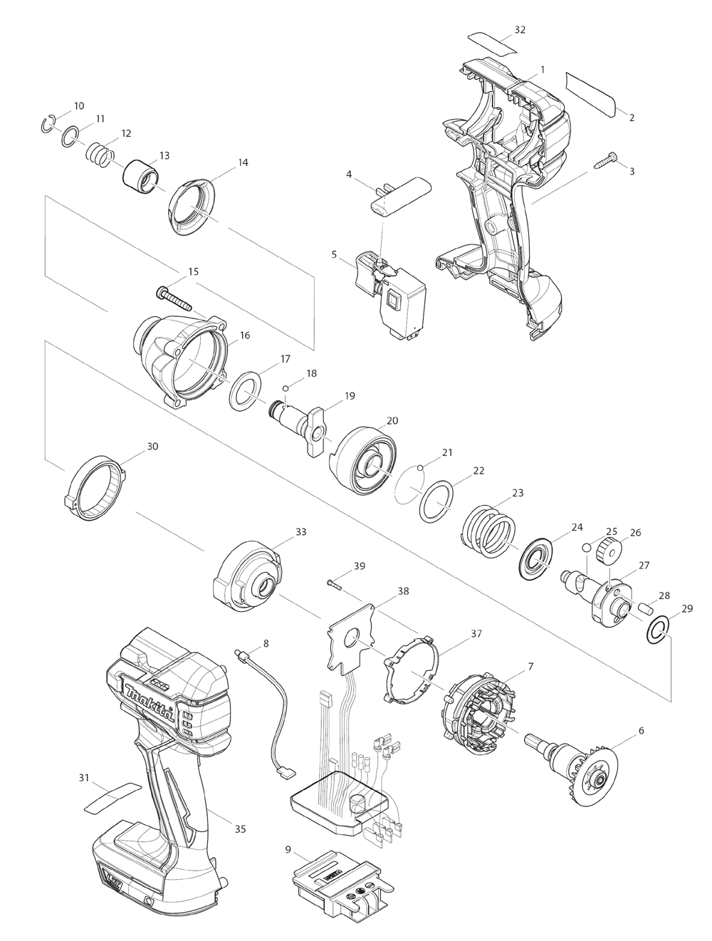 Page 1 Diagram and Parts List for XDT08Z  Makita Drill