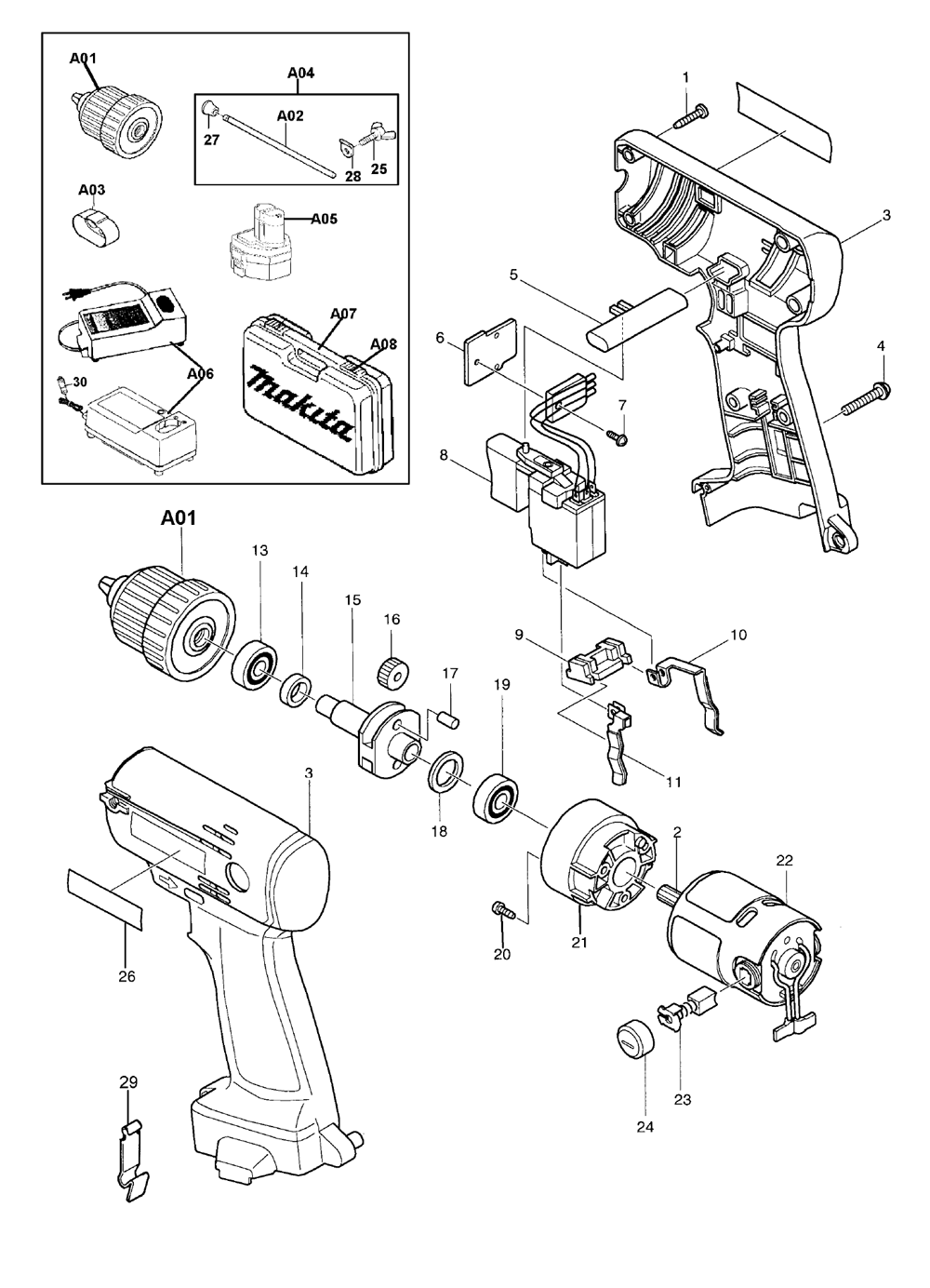 Page 1 Diagram and Parts List for 6503DWDE  Makita Drill