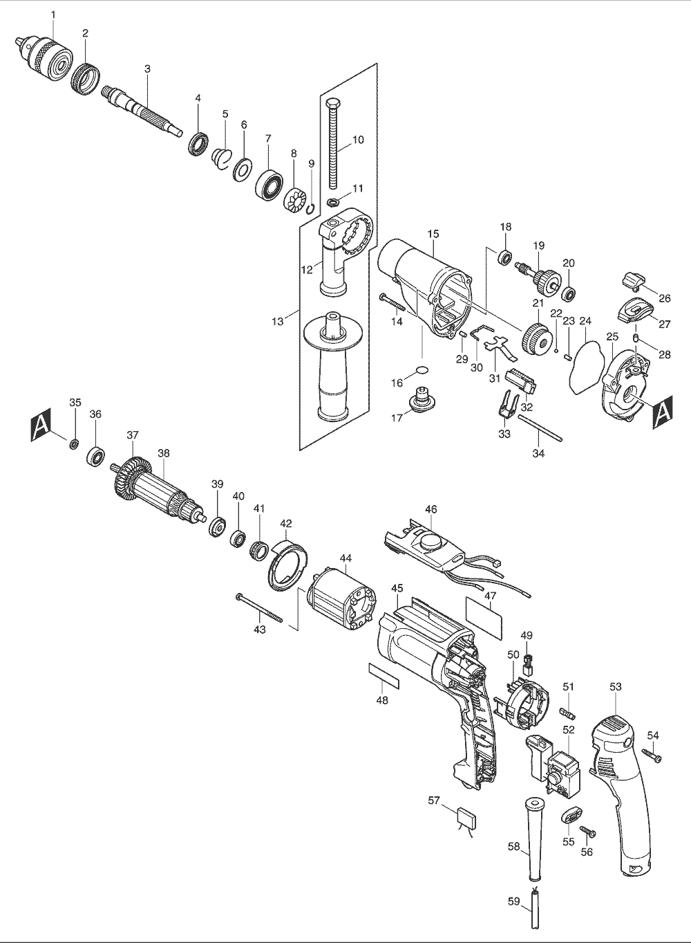 Page 1 Diagram and Parts List for HP2070  Makita Drill