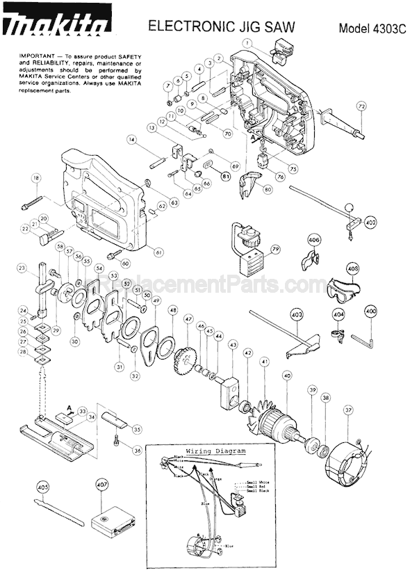 Page A Diagram and Parts List for 4303C  Makita Jig Saw