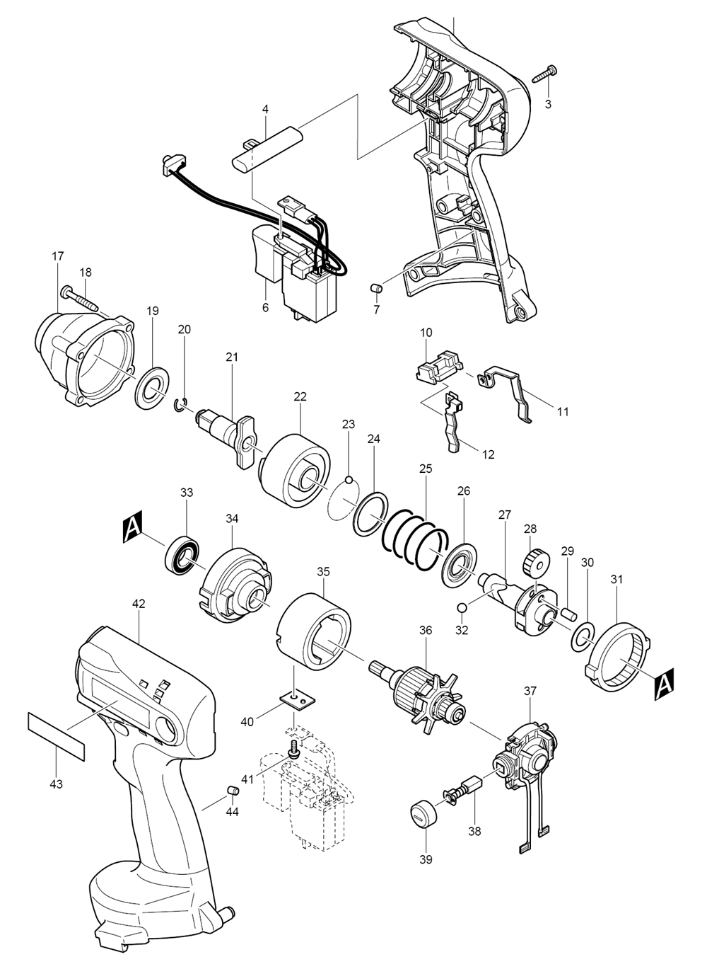 Page 1 Diagram and Parts List for 6933FDWD  Makita Drill
