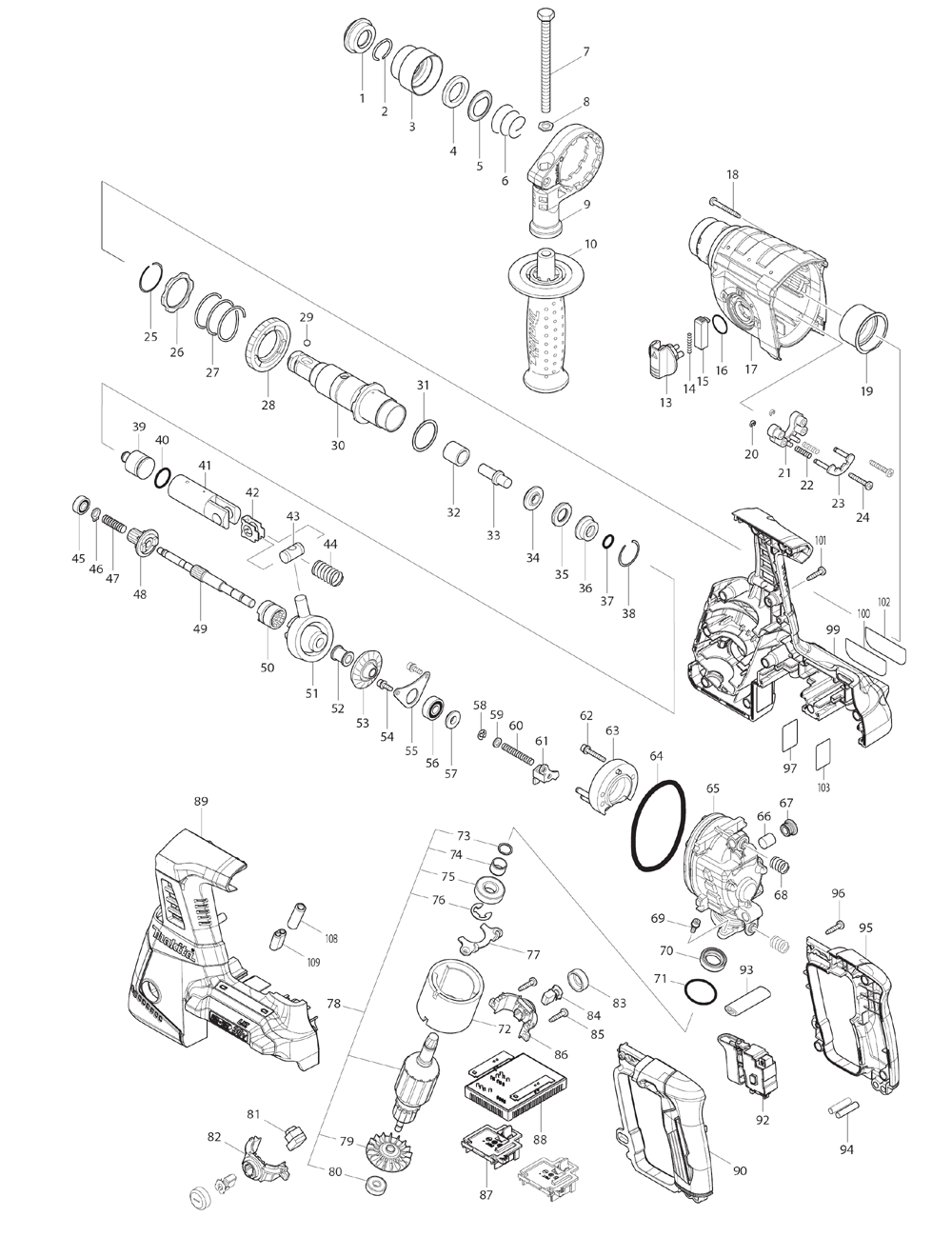 Page 1 Diagram and Parts List for XRH05Z  Makita Hammer