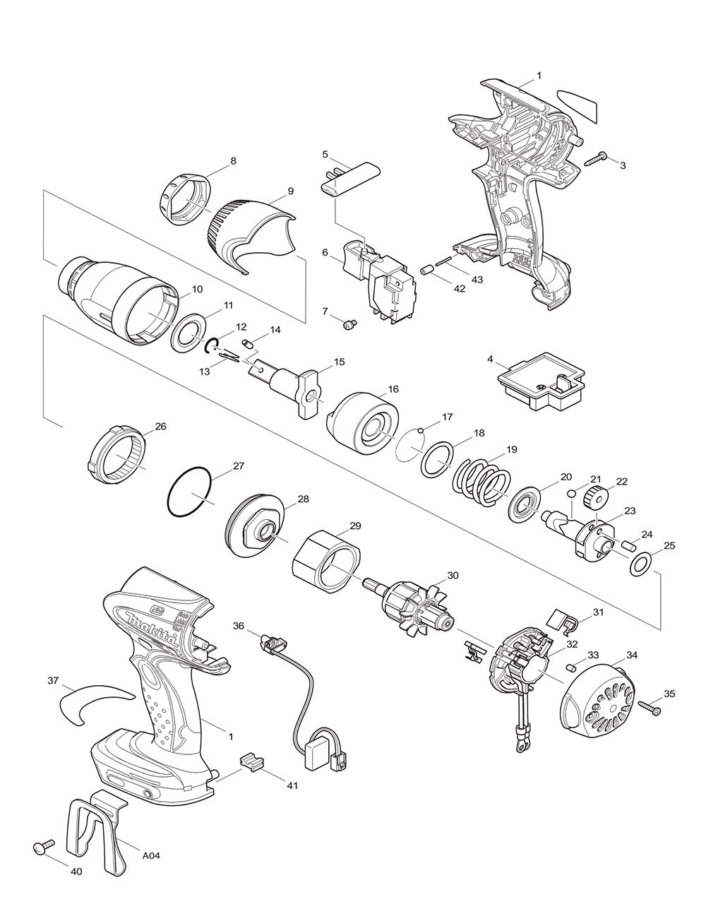 Page 1 Diagram and Parts List for BTW251FX1 Type 1 Makita Drill