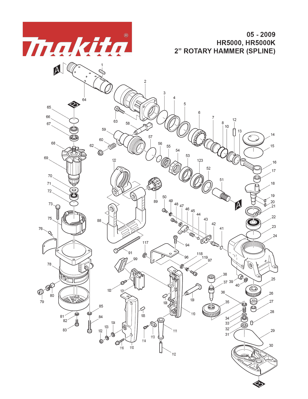 Page 1 Diagram and Parts List for HR5000K Type 1 Makita Hammer
