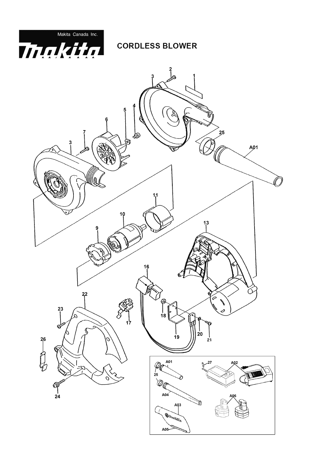 Page 1 Diagram and Parts List for UB121DWD  Makita Leaf Blower / Vacuum