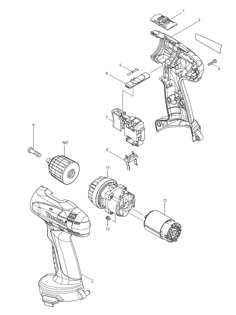 Page 1 Diagram and Parts List for 6281DWPE  Makita Drill