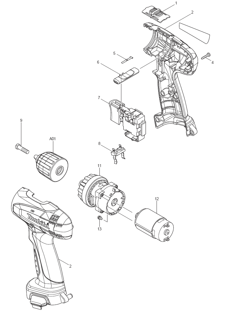 Page 1 Diagram and Parts List for 6261DWPE  Makita Drill