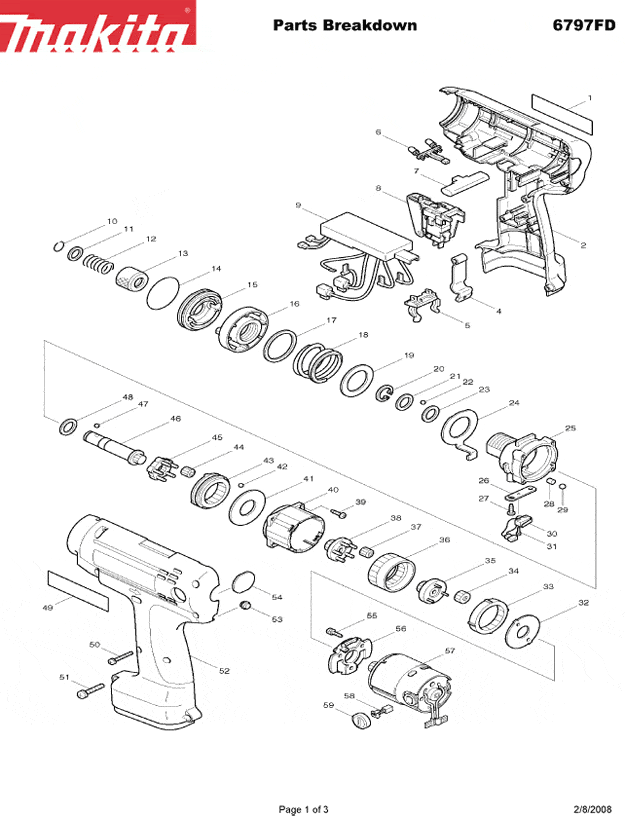 Page 1 Diagram and Parts List for 6796FDZ  Makita Screwdriver