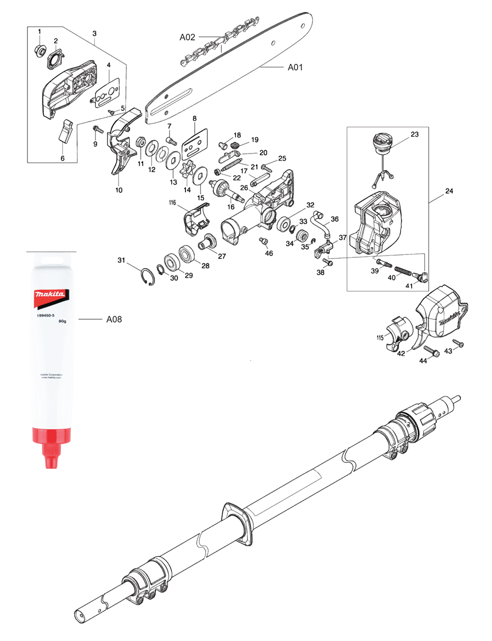 Fig-0 Diagram and Parts List for XAU02ZB  Makita Pole Saw