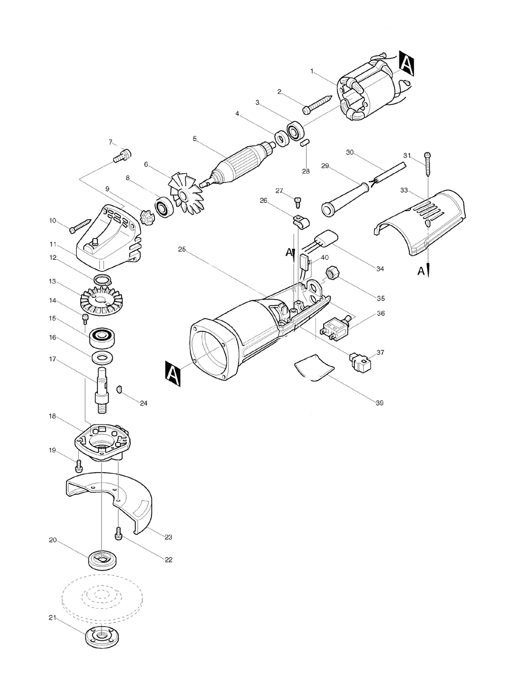Page 1 Diagram and Parts List for 9504B  Makita Grinder