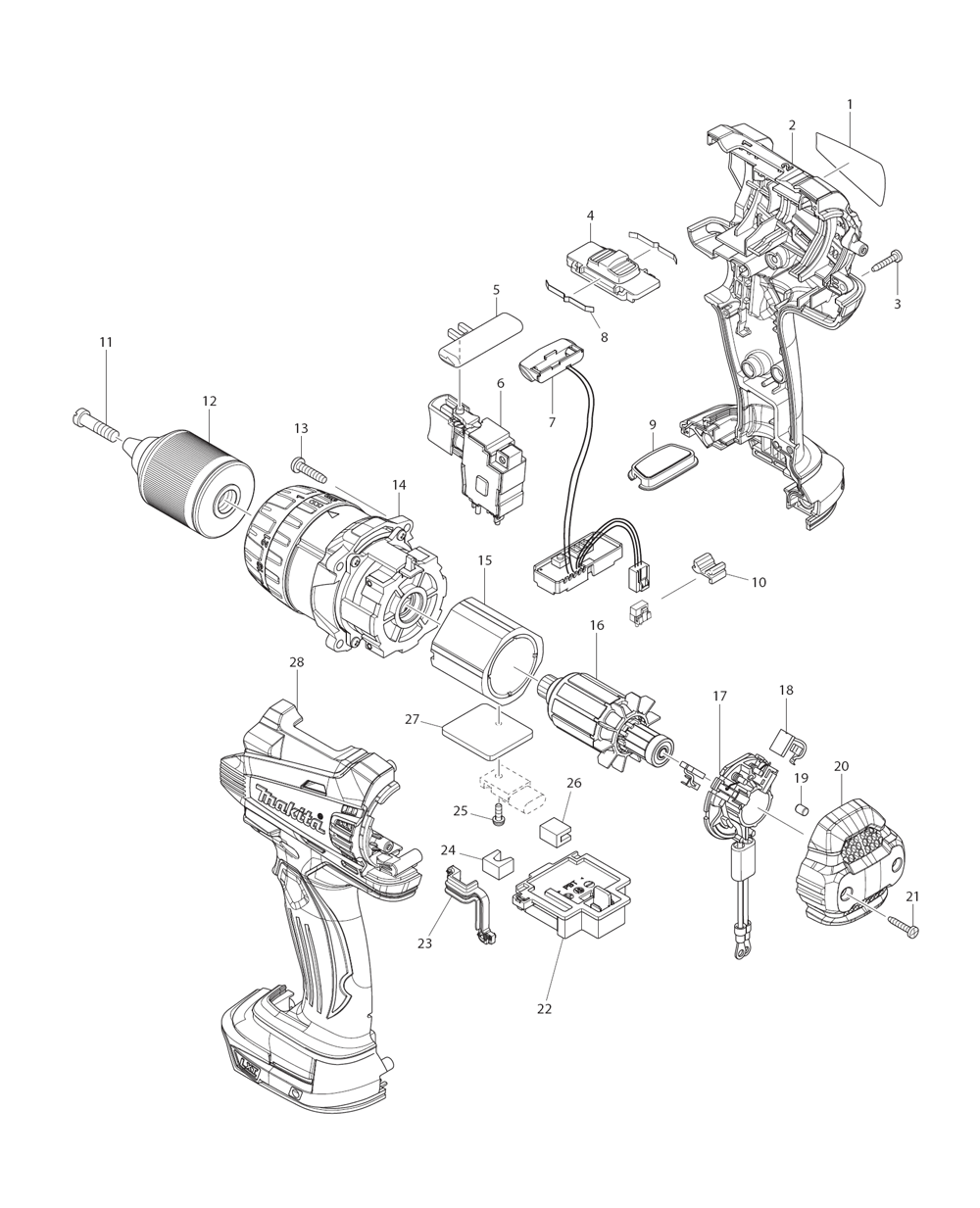 Page 1 Diagram and Parts List for XFD03  Makita Drill