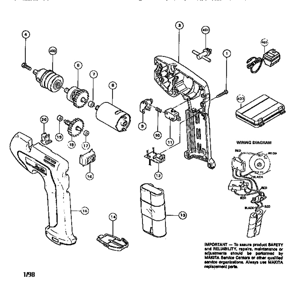 Unit Parts Diagram and Parts List for 6041DW  Makita Drill