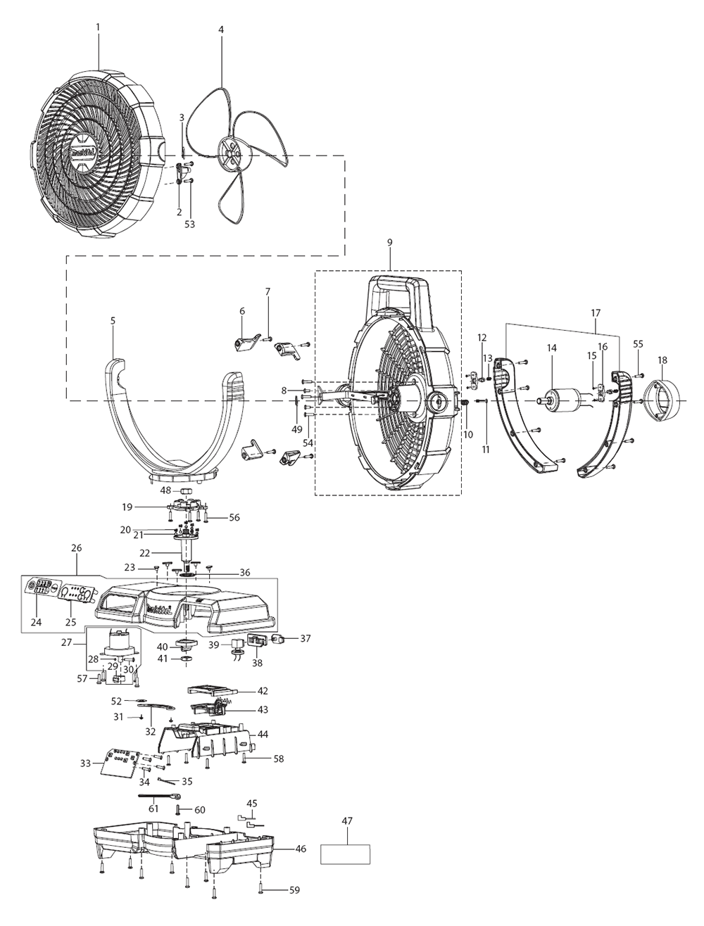 Fig-0 Diagram and Parts List for CF001GZ  Makita Fan