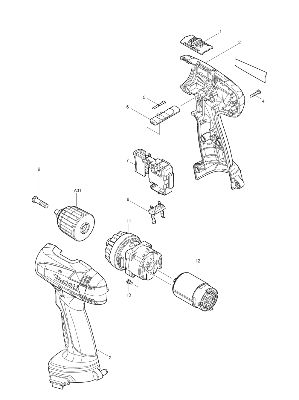 Page 1 Diagram and Parts List for 6271DWPE  Makita Drill