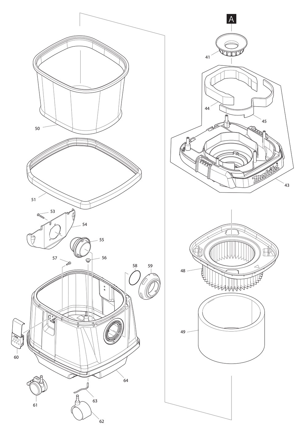 Fig-1 Diagram and Parts List for XCV25ZUX  Makita Canister Vacuum