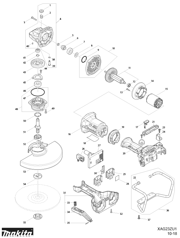 Diagram Diagram and Parts List for XAG23ZU1  Makita Angle Grinder
