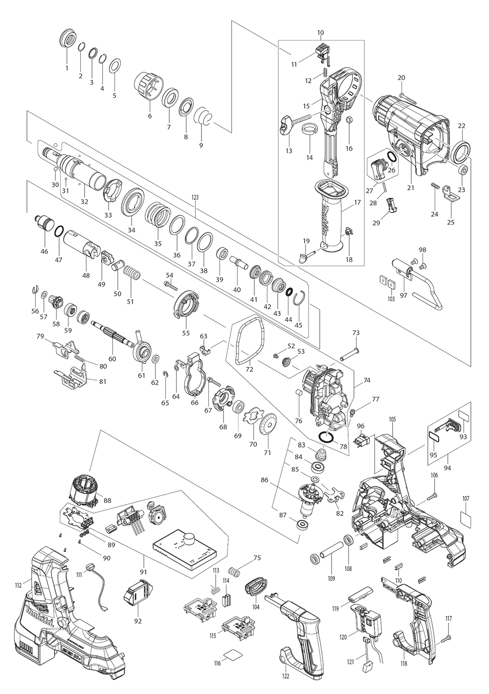 Page 1 Diagram and Parts List for XRH10ZW  Makita Hammer