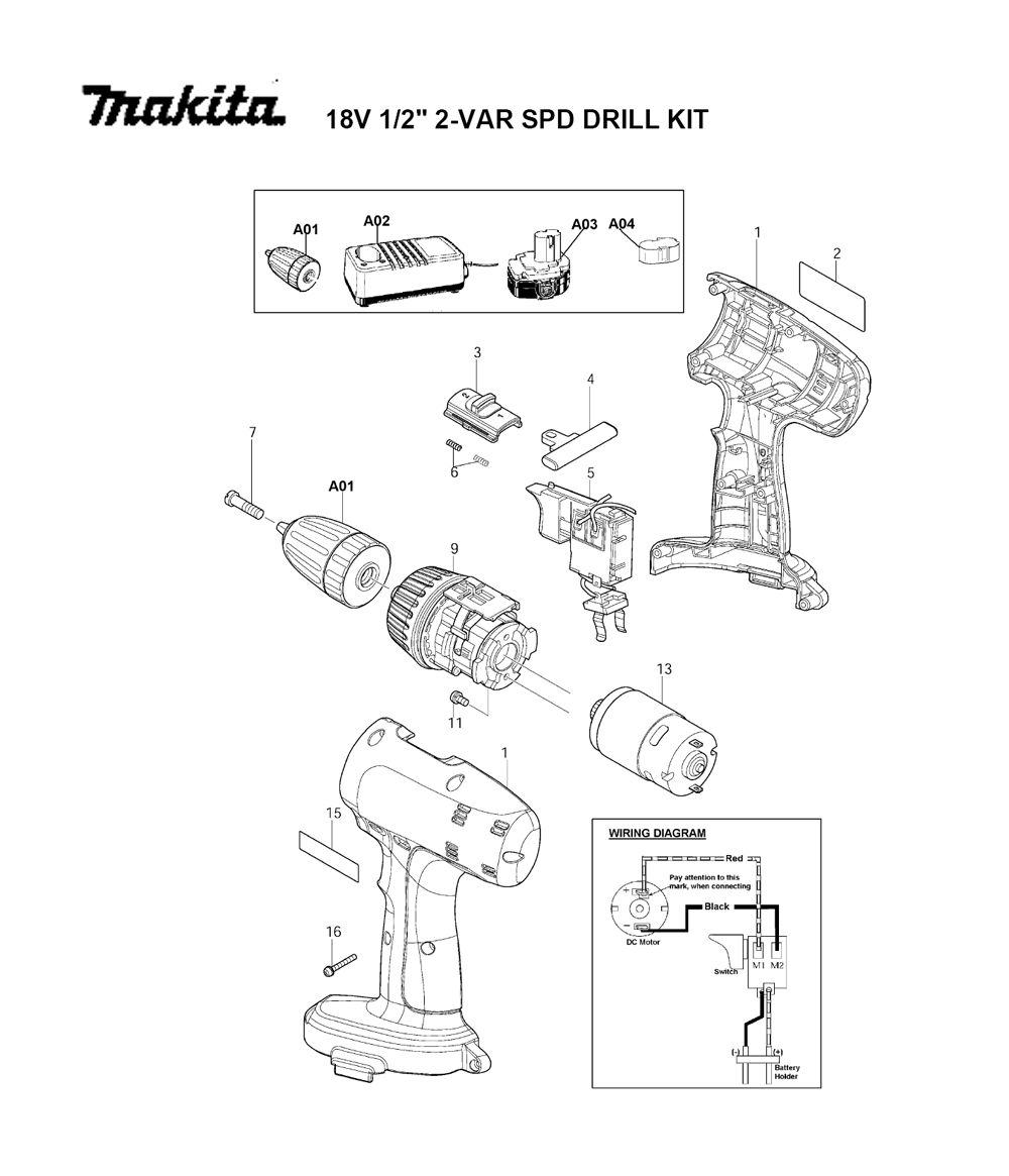 Page 1 Diagram and Parts List for MT065SK2X  Makita Drill
