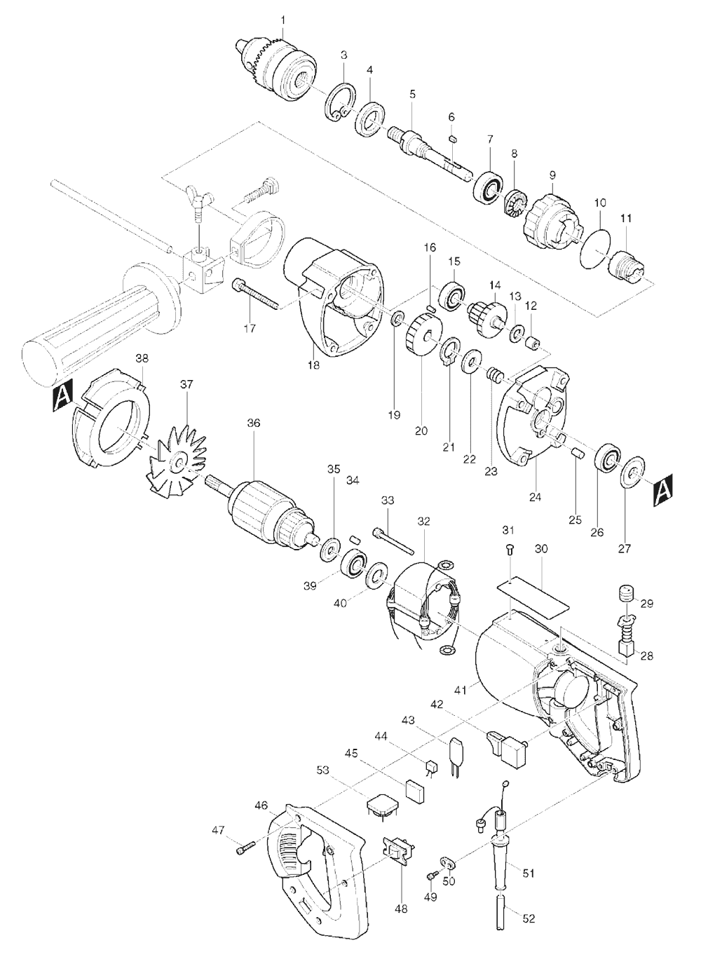 Page 1 Diagram and Parts List for 8419B  Makita Drill