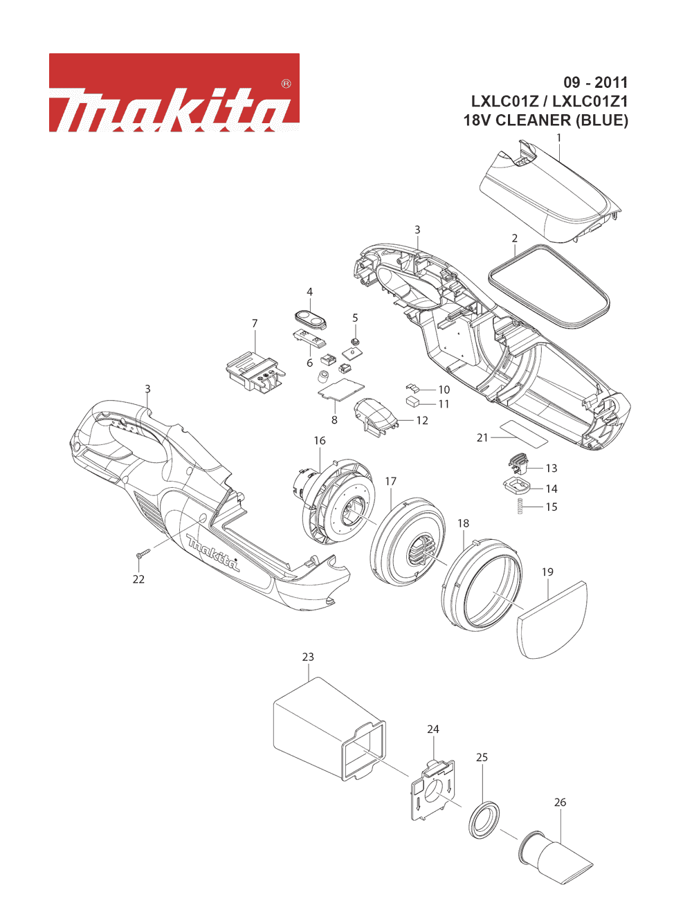 Page 1 Diagram and Parts List for LXLC01Z Type 1 Makita Upright Vacuum