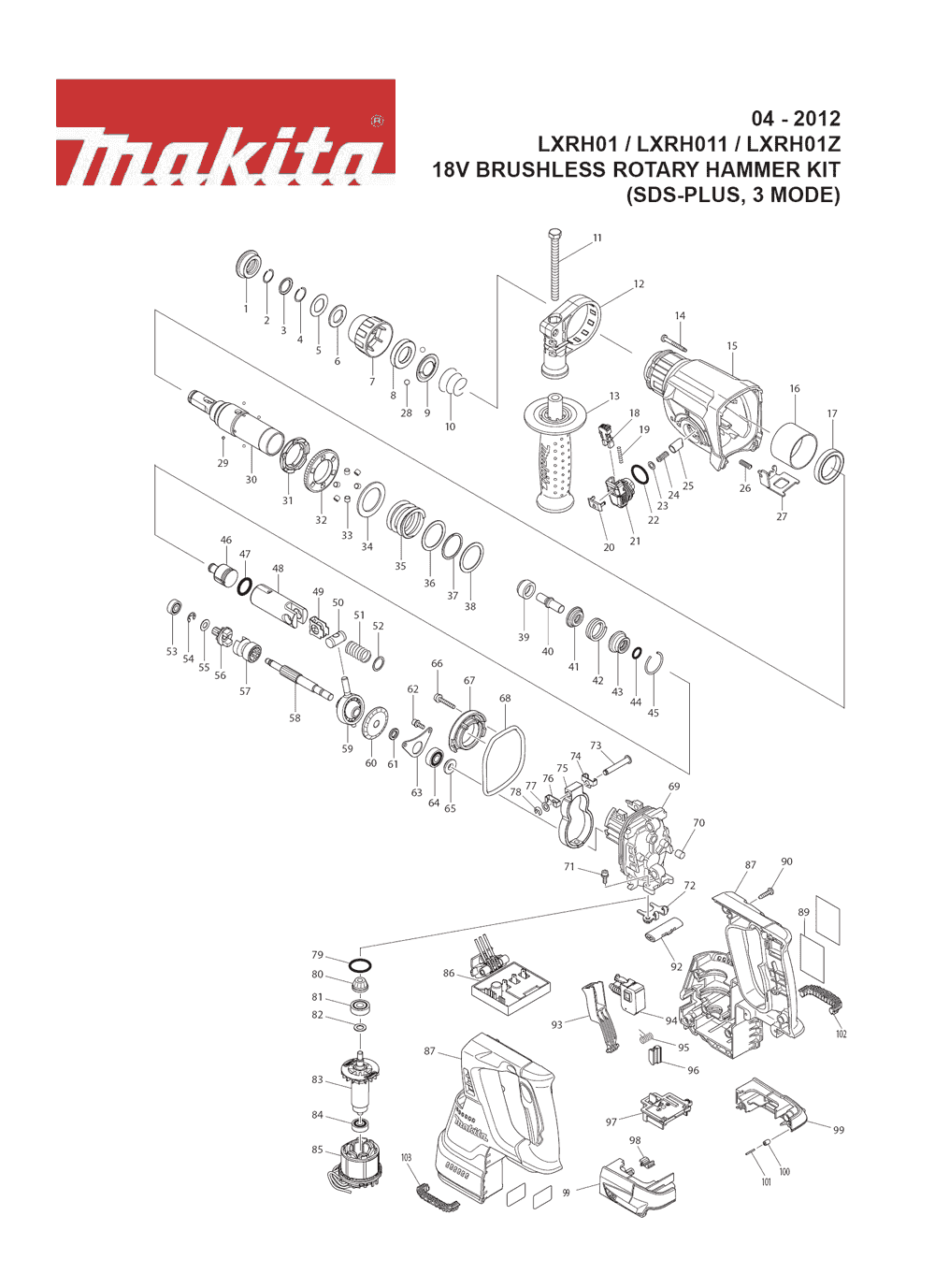 Page 1 Diagram and Parts List for LXRH011 Type 1 Makita Hammer