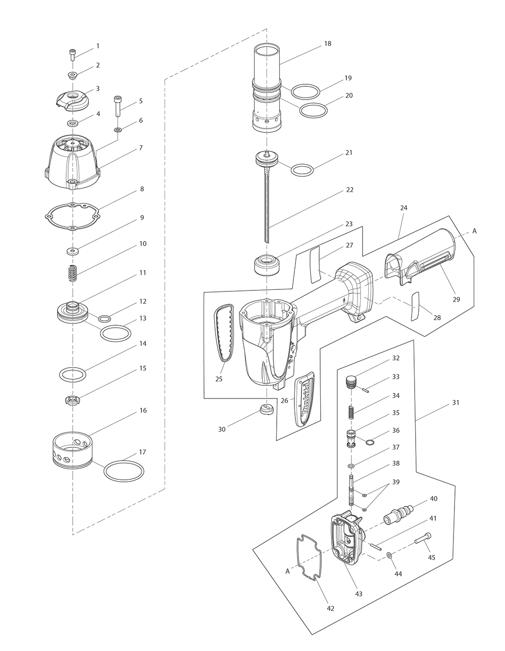 Page 2 Diagram and Parts List for AT638A  Makita Nailer